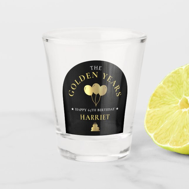 Black & Gold Golden Years 65th Birthday Party Shot Glass (Front)