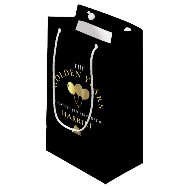 Black & Gold Golden Years 65th Birthday Party Small Gift Bag (Front Angled)