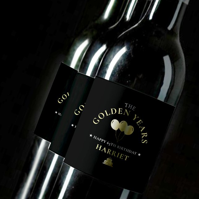 Black & Gold Golden Years 65th Birthday Party Wine Label (Black & Gold Golden Years 65th Birthday Party Wine Label)