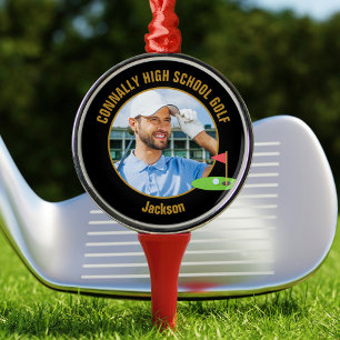 Black Gold Golfer Photo High School Golf Team Metal Tree Decoration