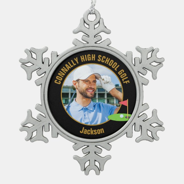 Black Gold Golfer Photo High School Golf Team Snowflake Pewter Christmas Ornament (Front)