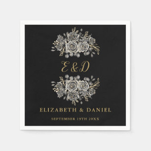 Black Gold Goth Floral Monogram Wedding Napkin