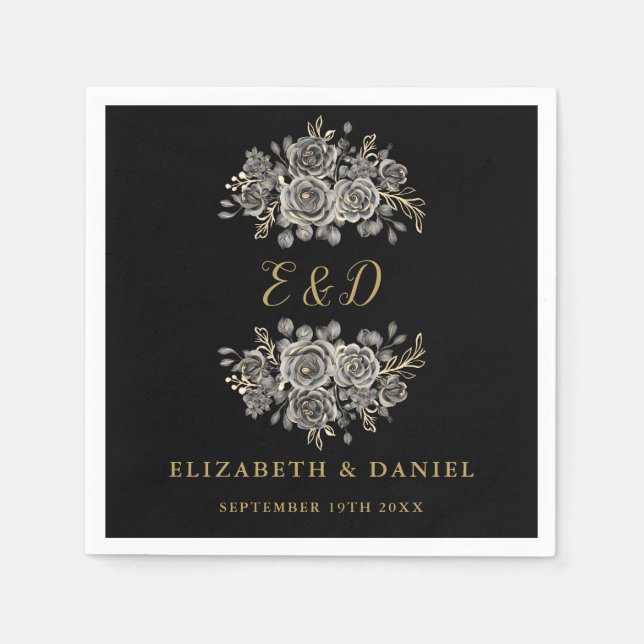 Black Gold Goth Floral Monogram Wedding Napkin (Front)