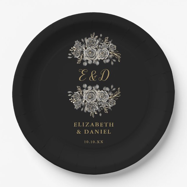 Black Gold Goth Floral Monogram Wedding Paper Plate (Front)