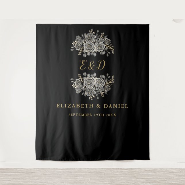 Black Gold Goth Floral Monogram Wedding Tapestry (Front)