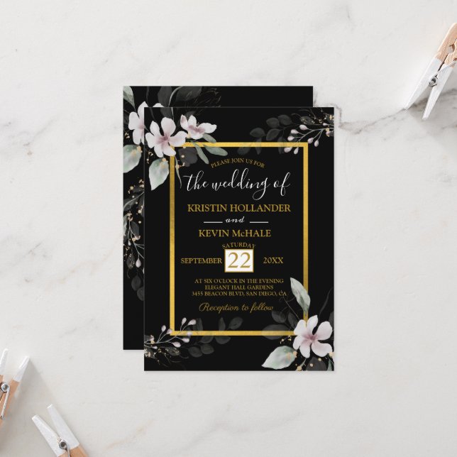 Black Gold gothic Dusty White flowers watercolor Invitation (Front/Back In Situ)