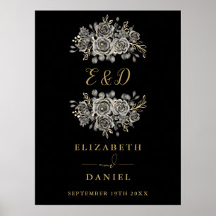 Black Gold Gothic Floral Monogram Wedding Sign