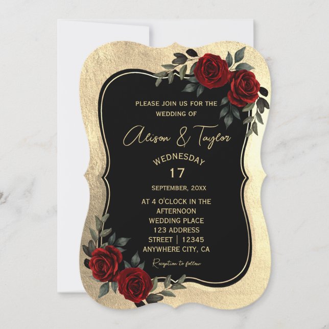 Black Gold Gothic Red Green Floral Wedding  Invitation (Front)
