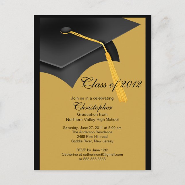 Black Gold Grad Cap Graduation Party Invitation (Front)