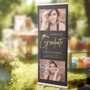 Black Gold Grad Cap Script Photo Graduation Party Retractable Banner