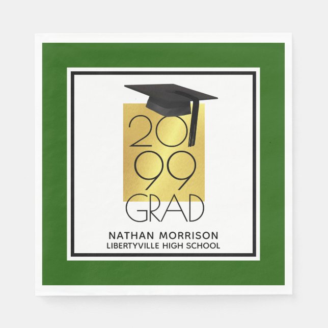 Black & Gold GRAD | Editable Green | Graduation Napkin (Front)