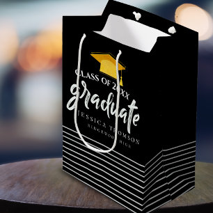 Black & Gold Grad Hat Graduation Party Favor Medium Gift Bag