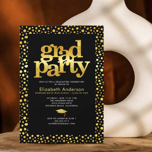 Black gold grad party modern bold typography chic invitation