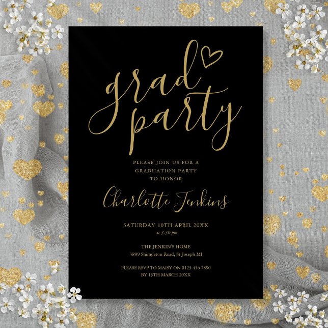 Black Gold Grad Script Heart Graduation Party Invitation (Black Gold Grad Script Heart Graduation Party Invitation)