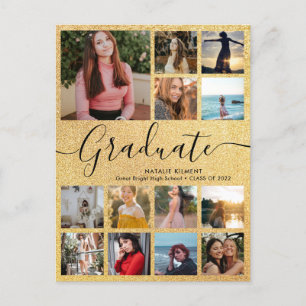 Black & Gold Graduate 13 Photo Collage Graduation Announcement Postcard