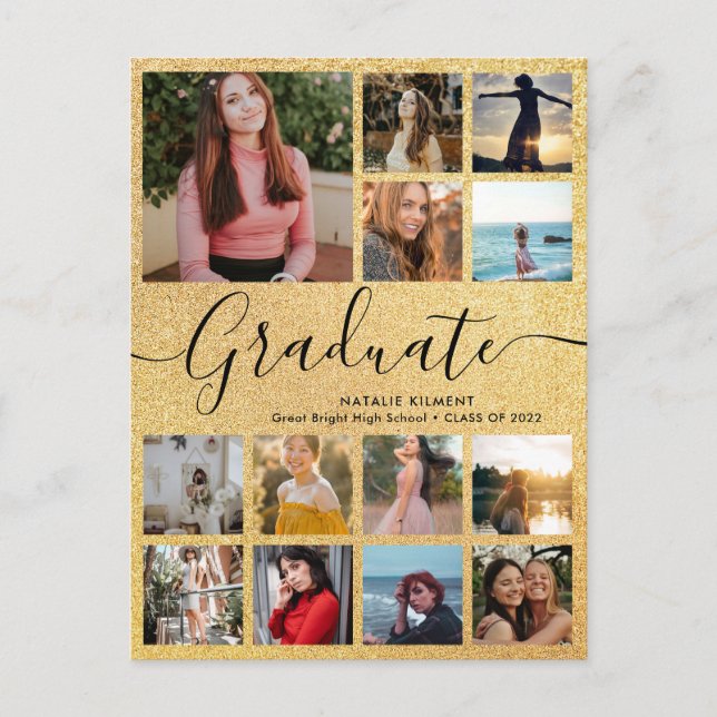 Black & Gold Graduate 13 Photo Collage Graduation Announcement Postcard (Front)