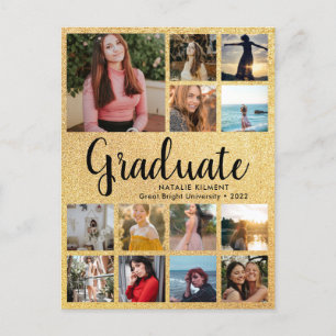Black & Gold Graduate 14 Photo Collage Graduation Announcement Postcard