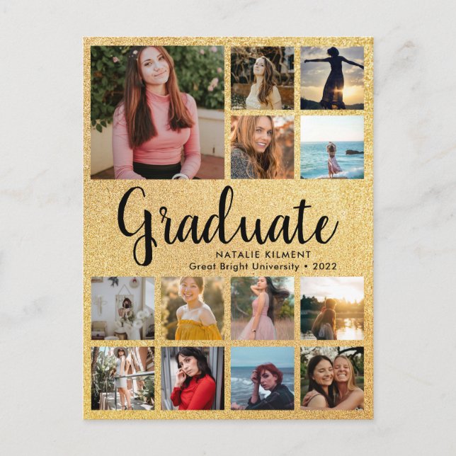 Black & Gold Graduate 14 Photo Collage Graduation Announcement Postcard (Front)