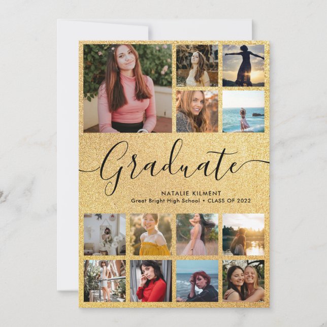Black & Gold Graduate 14 Photo Collage Graduation Invitation (Front)