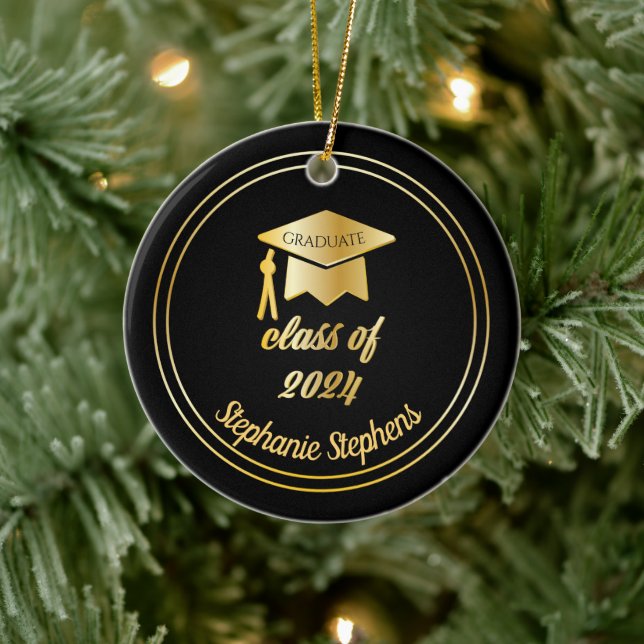 Black Gold Graduate Cap Graduation 2022 Photo  Ceramic Tree Decoration (Tree)
