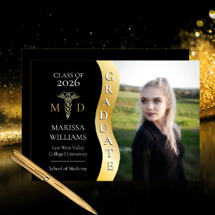 Black  Gold Graduate Wave Caduceus MD Medical Grad Announcement