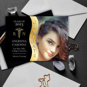 Black  Gold Graduate Wave Caduceus RN Nursing Grad Announcement