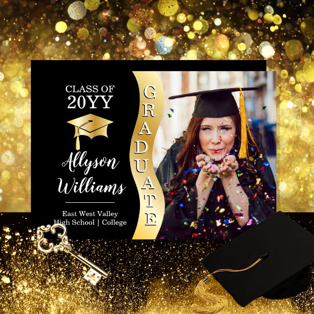 Black | Gold Graduate Wave Grad Cap Photo  Announcement (Black and Gold Tone Graduate Wave Grad Cap Photo Announcement for Print and/or Download)