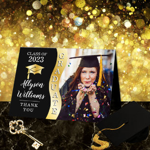 Black   Gold Graduate Wave Grad Cap Photo Thank You Card