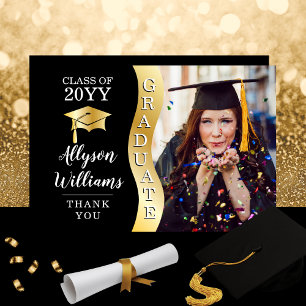 Black   Gold Graduate Wave Grad Cap Photo Thank You Card
