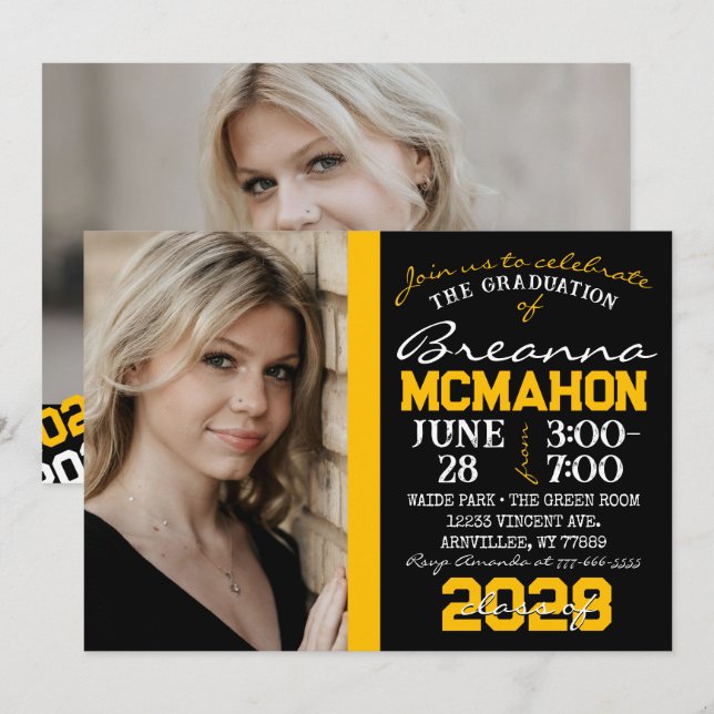 Black & Gold Graduation 2 Photo Invitation (Front/Back)