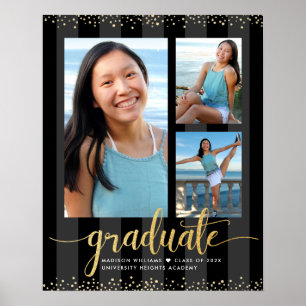 Black Gold Graduation 3 Photo Glitter Script Chic Poster