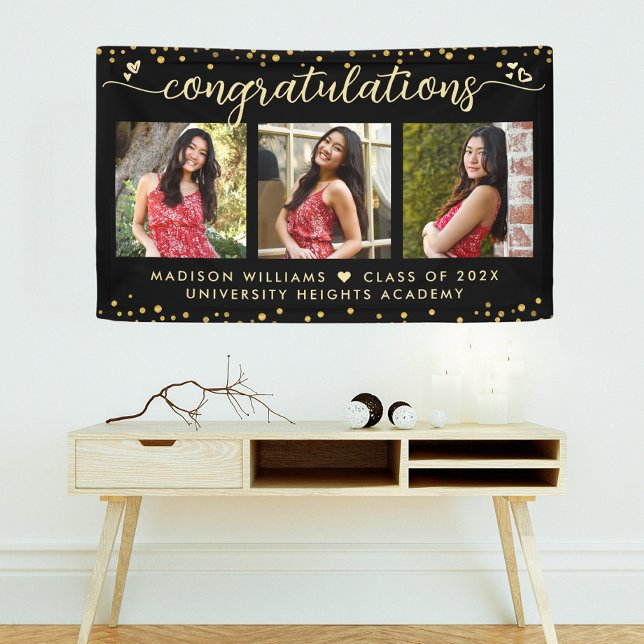 Black Gold Graduation 3 Photo Modern Script Hearts Banner (Creator Uploaded)