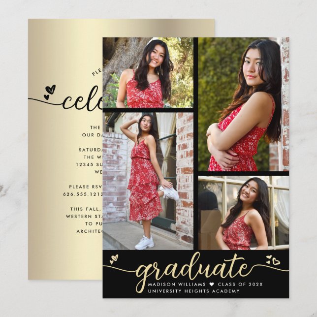 Black Gold Graduation 4 Photo Calligraphy Hearts Invitation (Front/Back)