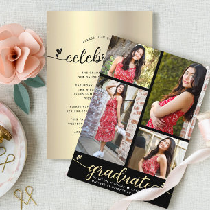 Black Gold Graduation 4 Photo Calligraphy Hearts Invitation