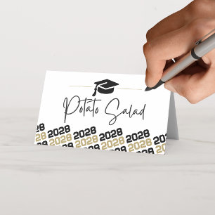 Black & Gold Graduation Cap Folding Label, Food or Place Card