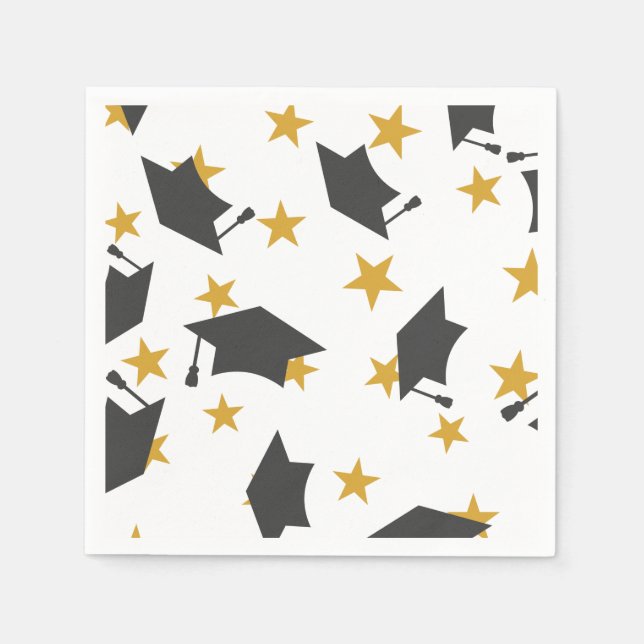 Black Gold Graduation Caps Stars Pattern Napkin (Front)