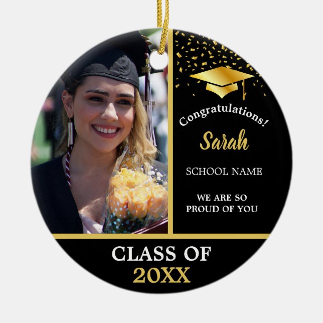 Black & Gold Graduation Custom Photo Class Of 2024 Ceramic Tree Decoration (Front)