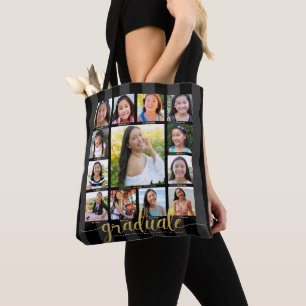 Black Gold Graduation K–12 13 Photo Collage Script Tote Bag