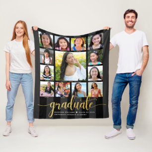 Black Gold Graduation K–12 Photo Collage Script Fleece Blanket
