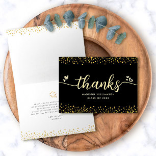 Black Gold Graduation Modern Elegant Script Hearts Thank You Card