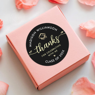 Black Gold Graduation Modern Thank You Script Cap  Classic Round Sticker