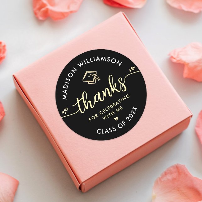 Black Gold Graduation Modern Thank You Script Cap  Classic Round Sticker (Creator Uploaded)