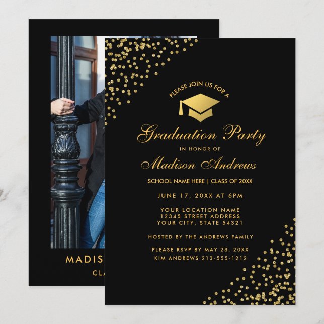 Black Gold Graduation Party Invite - Photo Back (Front/Back)