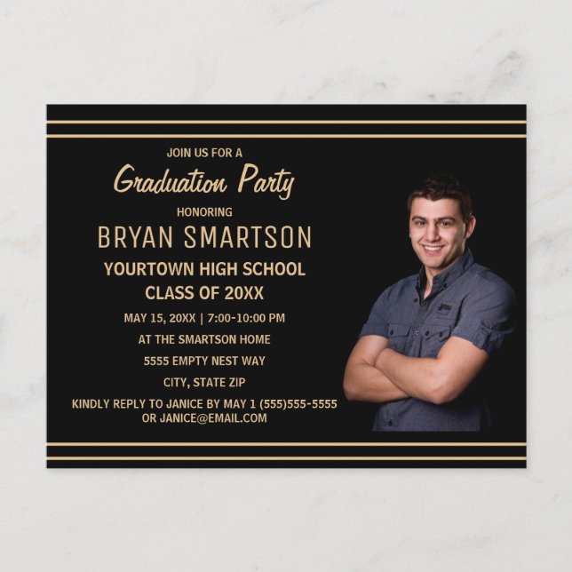 Black Gold Graduation Party Photo Postcard (Front)