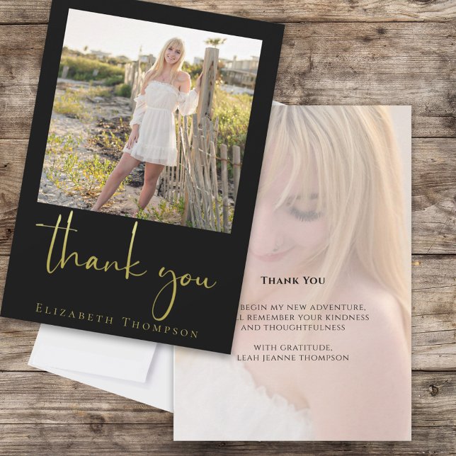 Black Gold Graduation Photo Thank You Custom Card (Graduation photo thank you card with a two photo template)