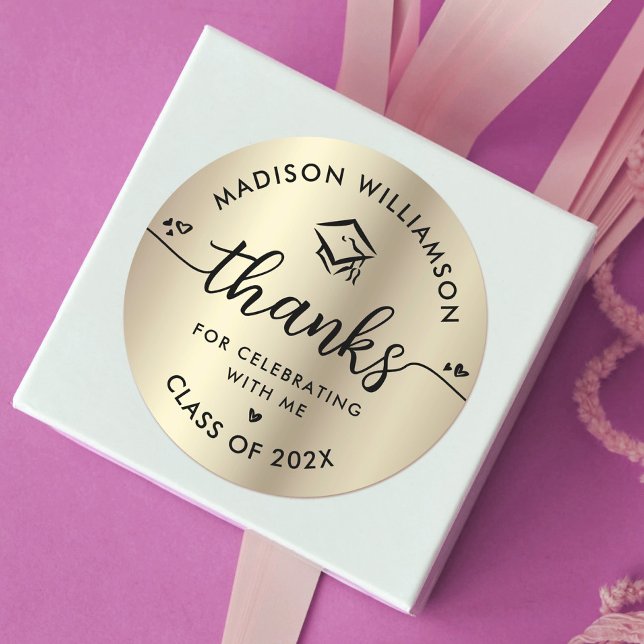 Black Gold Graduation Thank You Modern Script Cap  Classic Round Sticker (Creator Uploaded)