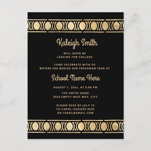 Black Gold Graduation Trunk Party Invitation Postcard (Front)