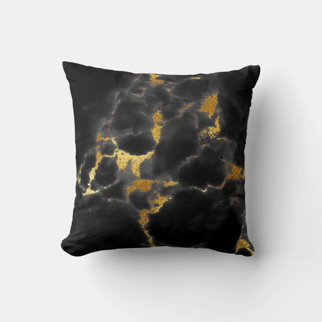 Black Gold Gray Marble Stone Glam Cushion (Front)