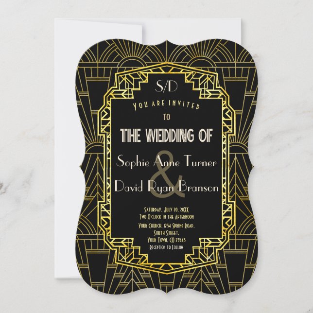 Black & Gold Great Gatsby Art Deco Wedding Invitation (Front)