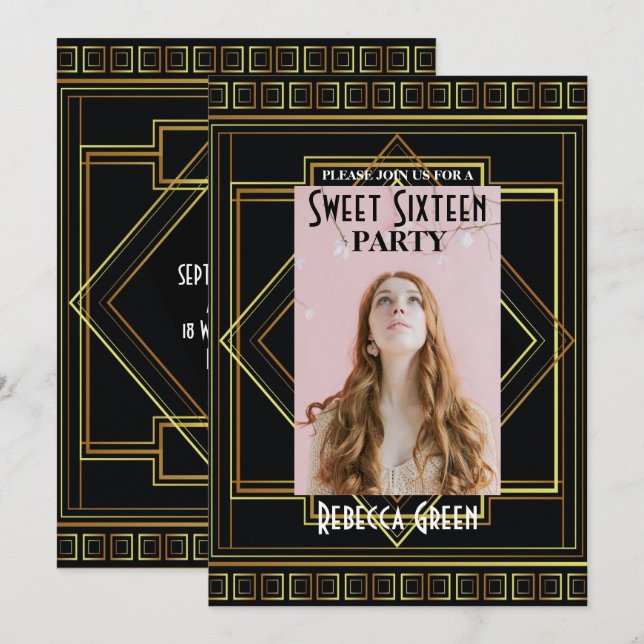 Black Gold Great Gatsby Sweet sixteen party Invitation (Front/Back)
